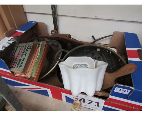 A box of mixed bygones including jelly moulds, sugar cutters, wall fitting coffee grinder etc 