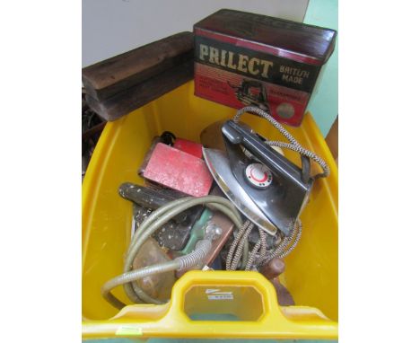 A box of mixed vintage irons including cased Prilect Iron   