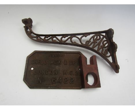 A cast iron Shell Mix &amp; BP Ltd sign, London W.C.2 No. 6422, a luggage rack bracket and a signal box lever collar 'Stop'