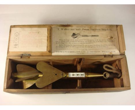 A  T Walker &amp; Sons Patent A1 ' Harpoon' Ship's log in original pine case:, the brass log with enamel indicator panel sign