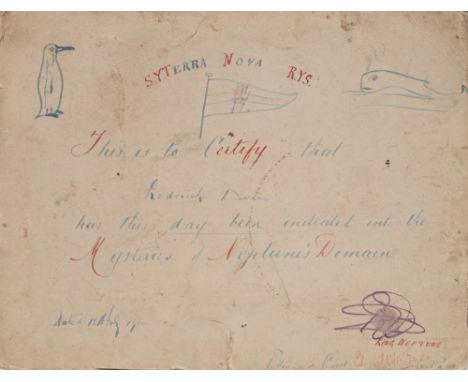 RYS Terra Nova, a handmade 'crossing the line' certificate for 'Frederick Davies' signed by 'Edward R Evans' dated 15th July 