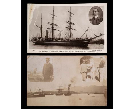 A photographic postcard of the Terra Nova in Port: with vignettes of an officer with a dog and another of two men with a pony