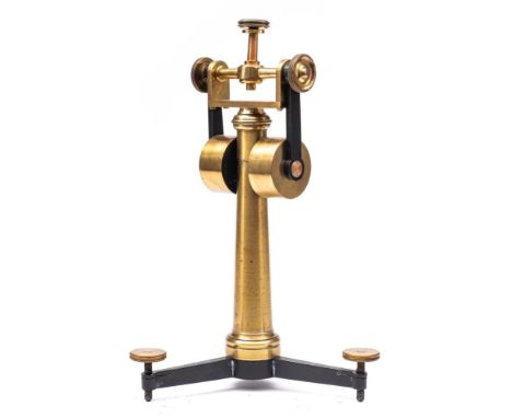 A rare 19th century English lacquered brass sextant stand:, the 'Y' shaped frame with double heavy brass drum counterweights 