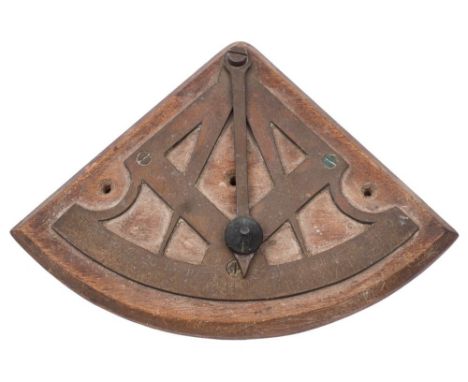 A brass Inclinometer: with square and compass frame and calibrated arc, mounted on a wooden base, 27cm wide..