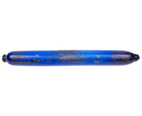 A late Victorian large blue glass rolling pin enamelled with 'The Great Eastern Steam-ship' to centre: with 'HMS Duke of Well