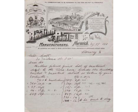 Boulton & Paul Ltd, Norwich, 31/5/1910:, two page manuscript receipt addressed to Captain Scott for the alterations to the cl