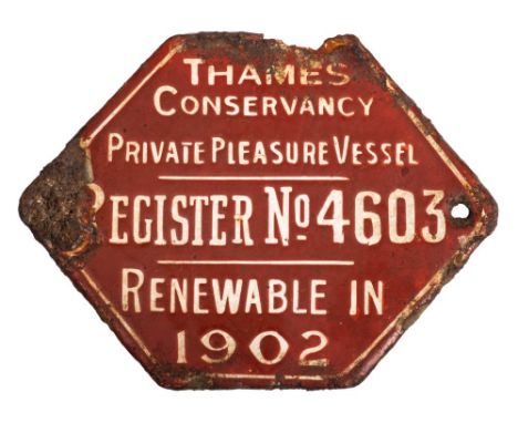 An Edwardian brown enamel Thames Conservancy Private Pleasure Vessel badge: 'No.4603' with renew date for 1902, 8 x 10cm.