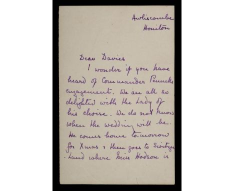 A  manuscript letter from Harry Pennell's mother Winifred, to Frank Davies: from  Awliscombe, Honiton, informing him of her s
