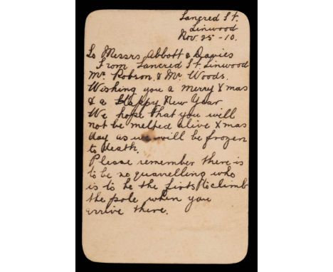 A handwritten note on card to RYS Terra Nova crew members George Abbot and Frank Davies dated 'Nov 25-10' from Mrs Robson &am