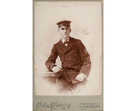 A Carte de Visite three quarter length portrait photograph of Peter Davies (son of F E Davies) in Royal Navy uniform by Hill 