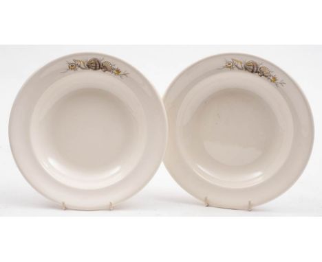 Two Orient Line ironstone soup bowls by Ashworth Brothers: with transfer shell decoration to rim, green underglaze factory ma