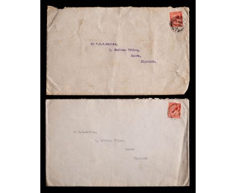 Two British Antarctic Expedition envelopes to Frank Davies dated August 1913 to the Saltram Villas address:, one containing a