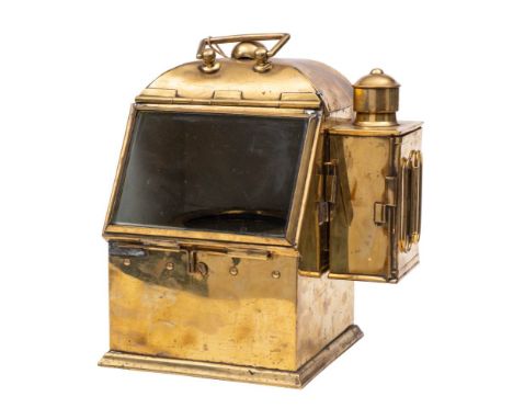 A square brass binnacle from the motor fishing vessel 'Jose' of Penzance: the  4 inch liquid filled compass in a gimballed mo