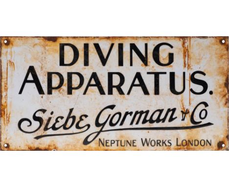 An enamel sign 'Diving Apparatus. Siebe Gorman &amp; Co. Neptune Works London': black text on white enamel, 25 x 50 cm.