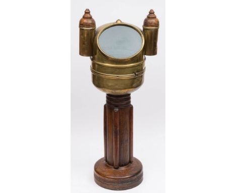 A Victorian  brass binnacle from the Barnstaple Ketch 'Emma Louise':  fitted 3 inch dry card compass by H Hughes, London, the
