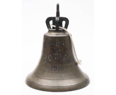 The ship's bell from the Ascot-Class paddle minesweeper 'HMS Totnes' 1916: with iron screw mount to crown suspension , the bo