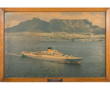 Union Castle Line. A framed ship portrait photograph of RMS Windsor Castle' in an oak frame with plaque, 48 x 75cm, (water da