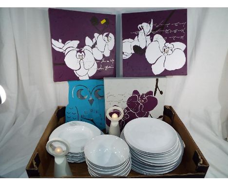 A part tea service by Veroni and a collection of white modern ceramic tableware comprising seven large dinner plates, eight s