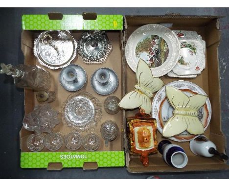 Two boxes containing a quantity of glassware and ceramics to include ceramic butterflies, Royal Worcester Palissy ware plate 