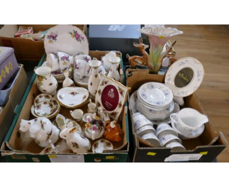 Ceramic deer table centre, two boxes of Royal Albert Old Country Roses trinkets, Royal Vale, Floral part tea set and Shelley 