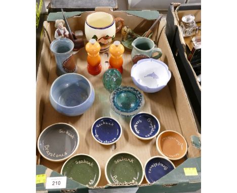 Studio Pottery ceramics, vintage pipes and pipe holders, Le Creuset salt and pepper set, Art Glass paperweight and dish
