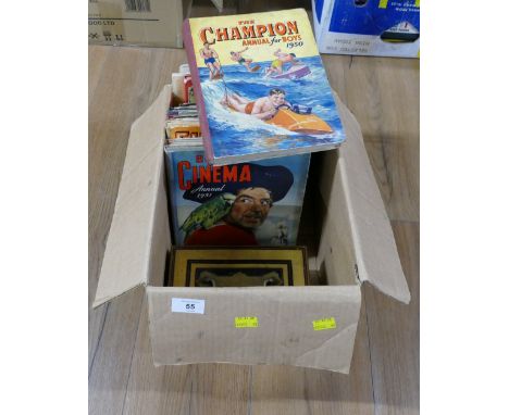 Vintage cash tin and quantity of children's annuals - Champion, Cinema, Film Fun etc
