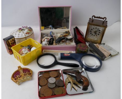 Costume jewellery, watches, penknife, tin of vintage coins, darts, magnifying glasses, ornaments, carriage clock etc.  This b