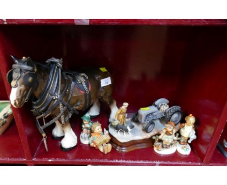 Ceramic Shire Horse, Border Fine Arts tractor "An Early Start" (AF) and four Hummel figures