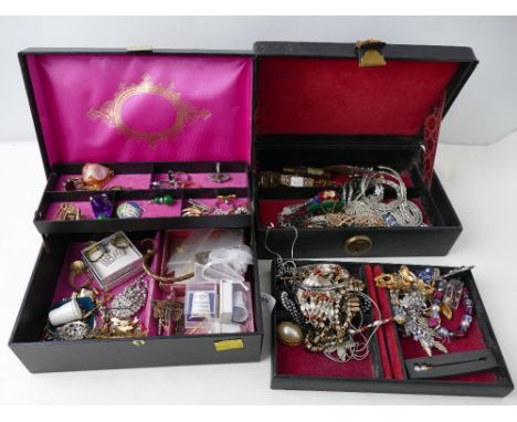 Two jewellery boxes and costume jewellery, rings, bangles etc