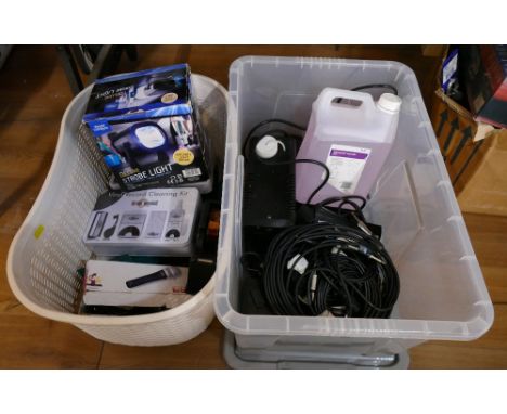 DJ Equipment - vinyl record cleaning kit, strobe light, microphone, FX Lab fog machine with cables and accessories