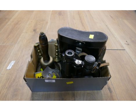 Set of Russian cased binoculars, vintage AA car badges, miniature brass candlesticks and brass hand bell