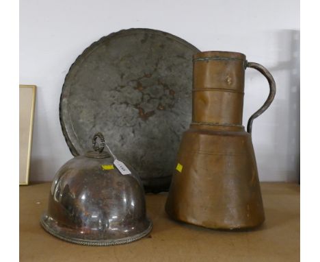 Large circular metal table top or plaque, plated serving dish lid and antique copper vessel