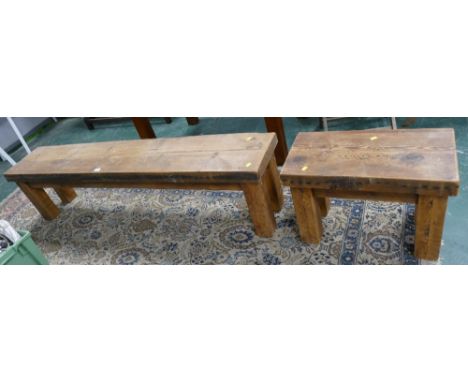Long heavy oak bench and similar smaller bench 