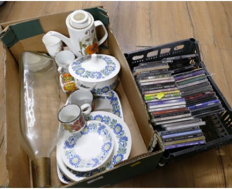 Retro Meakin ceramics, large empty alcohol bottle and CD's