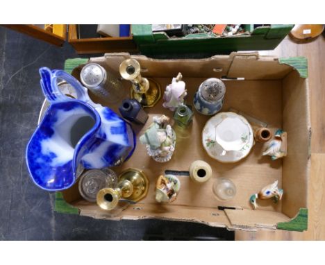 Large Flow Blue jug, brass candlesticks, figurines, vintage glass bottles, stoneware bottles etc