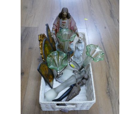 Wicker basket containing religious figures, plaques and epergne