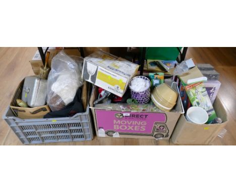 Three boxes of fabrics, cash tins, glassware etc