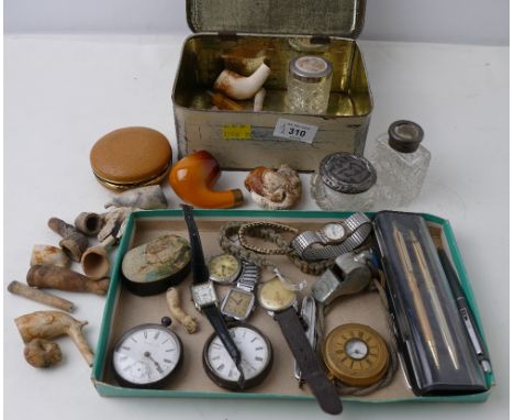 Vintage clay pipes, dressing table bottles some with silver rims, two silver cased pocket watches, pens, wristwatches, penkni