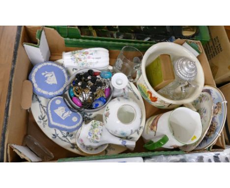 Box of ceramics and ornaments - Aynsley Wild Tudor, Jasperware, costume jewellery etc