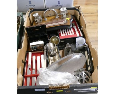 Boxed cutlery sets, desk top inkwell, vintage AA badges, Borrowdale dish, magnifying glass etc