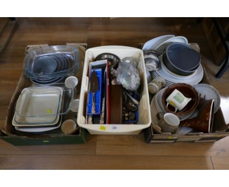Three boxes of baking dishes, baking trays, crockery, dinner plates, cutlery etc