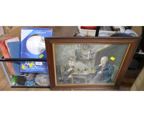 Small fish tank with some accessories, cutlery, halogen light kit and chess playing picture