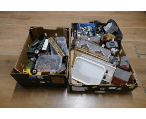 Two boxes of railway trackside accessories including cardboard buildings, figures and box of assorted vintage toys - diecast 