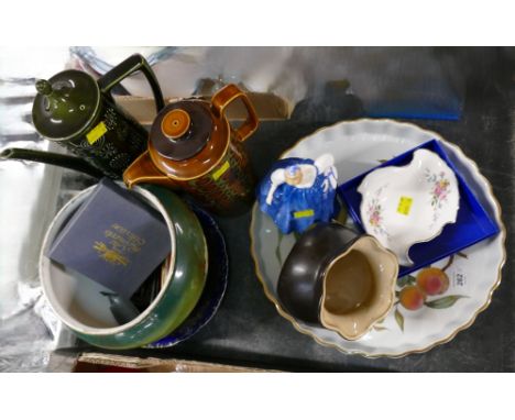 Portmeirion Pottery Totem pattern coffeepot, Blue Grass Music belt buckle, Denby salt, Worcester Evesham large flan dish, Roy