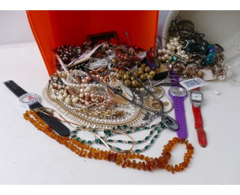 Quantity of costume jewellery, beaded necklaces, watches etc