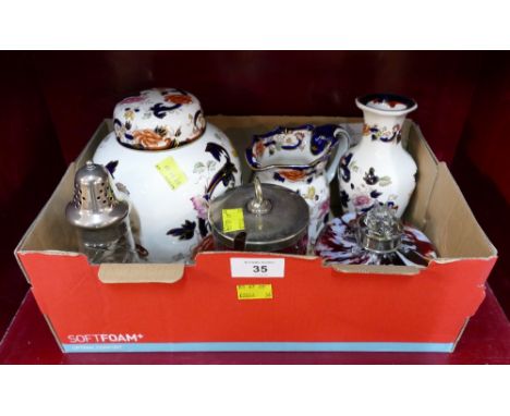 Masons Mandalay ginger jar, jug and vase, Cranberry glass lidded pot, glass sugar sifter,&nbsp; condiment containers and silv