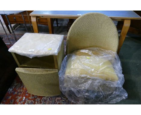 Loom style gold coloured chair and matching bedside cupboard 