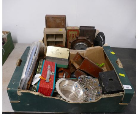 Two boxes of vintage wooden boxes, tins, barometer, plaques, cameras etc