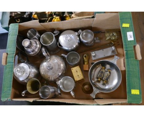 Box of metal and plated ware - teapots, goblets, wine glasses, ornaments etc