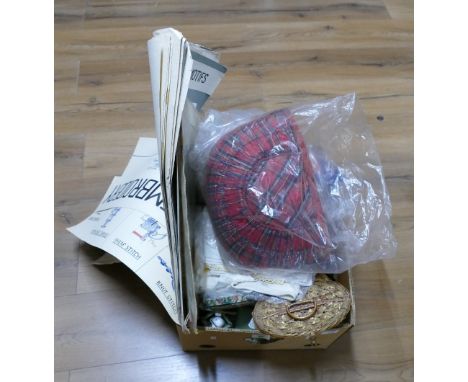 Box of vintage fabrics, table linens, crochet doilies, embroidered and lace pattern cards etc